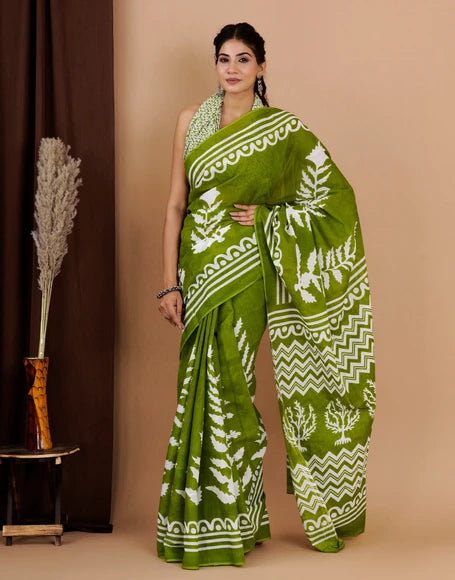 Green Jaipuri Printed Mul Cotton Saree