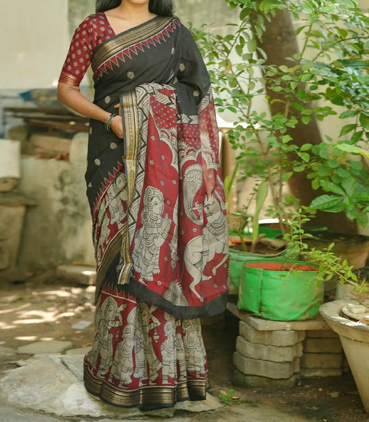 Black & Maroon Traditional Kalamkari Silk Nizam Border Saree