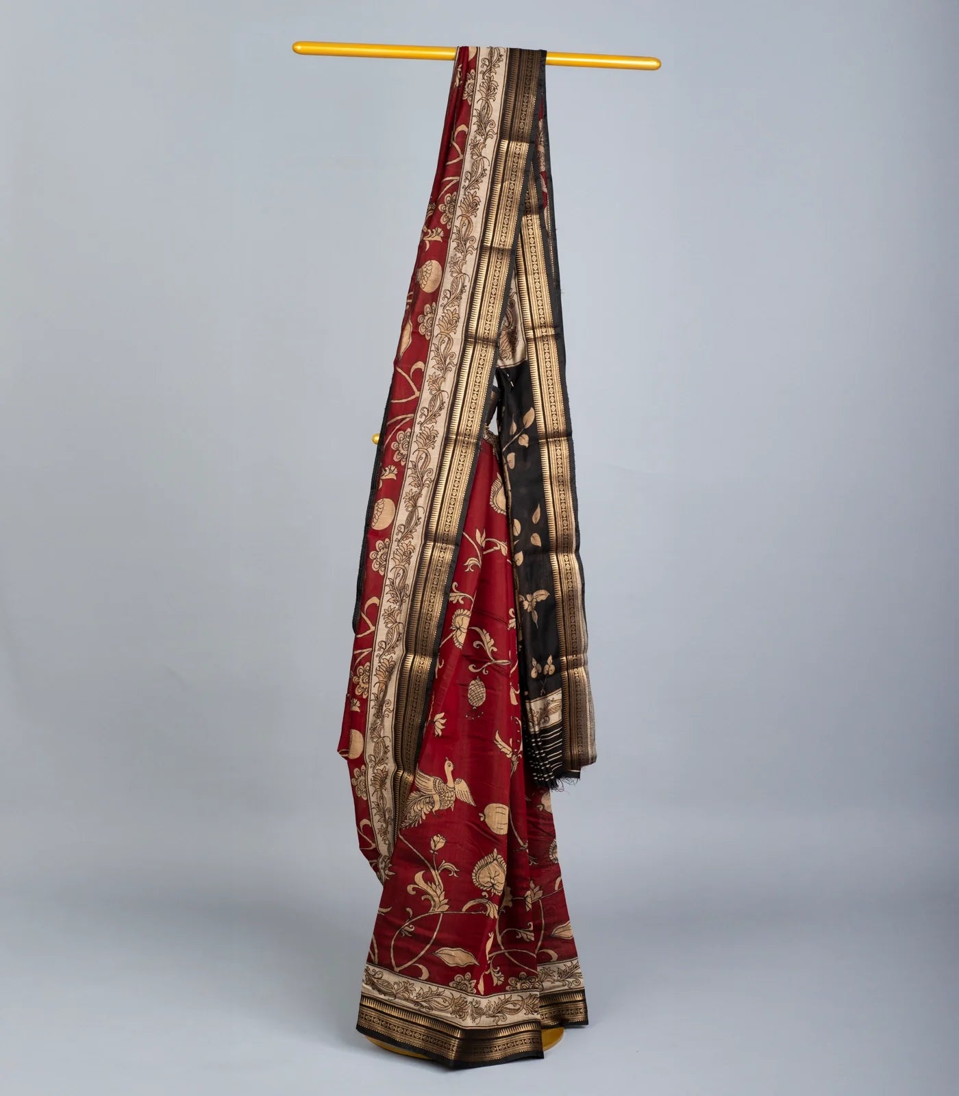 Maroon & Black Traditional Kalamkari Silk Nizam Border Saree