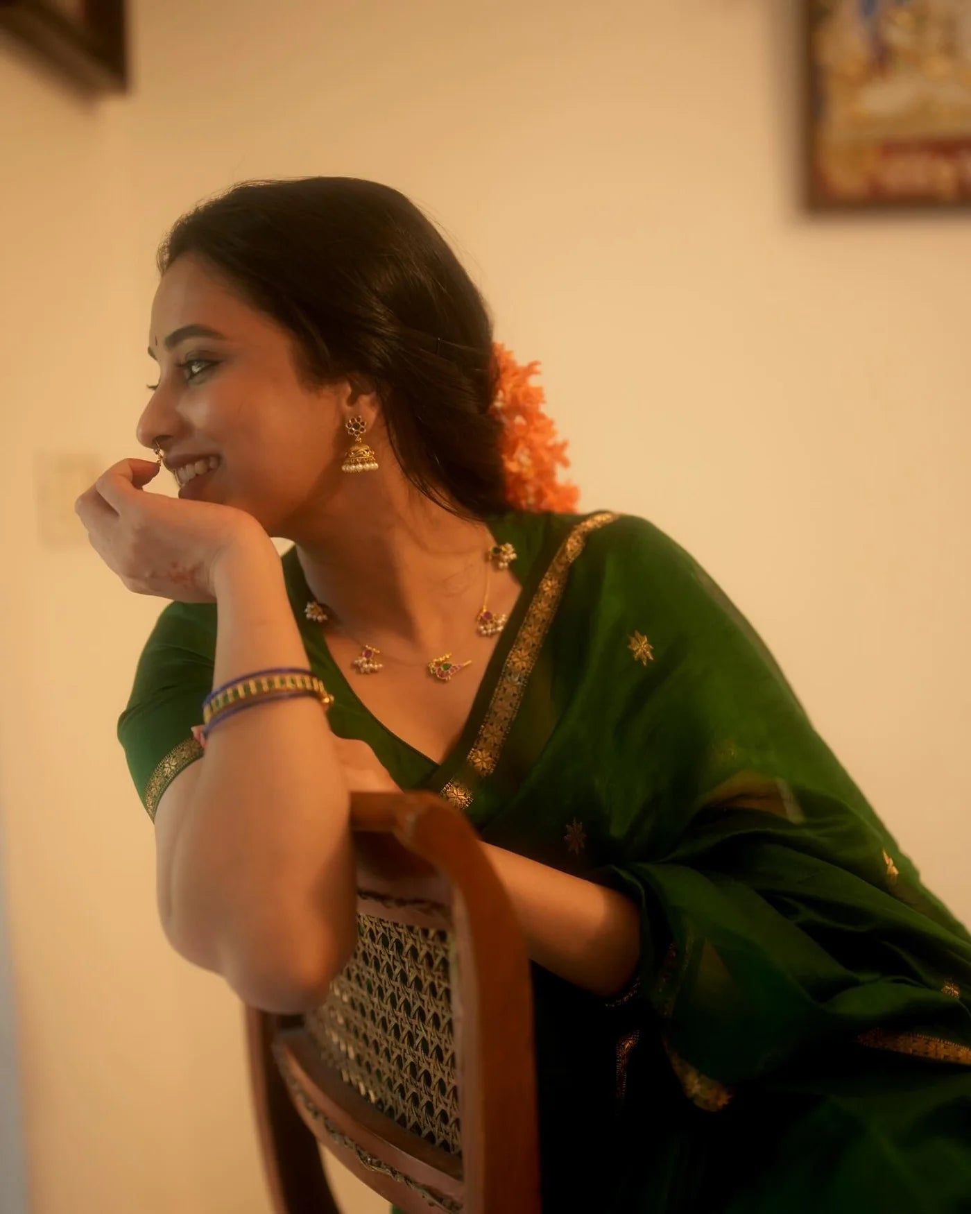 Priyanka Mohan inspired Bottle Green - Silk cotton Handloom Saree