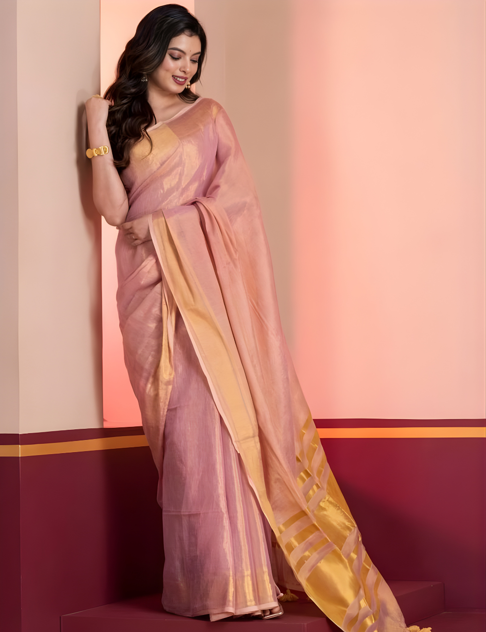 Linen Zari Tissue Saree – Baby Pink