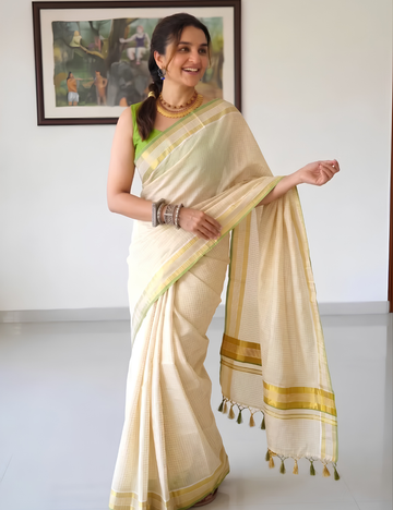 Traditional Green Tiny Checks Balaramapuram Kasavu Saree For Women