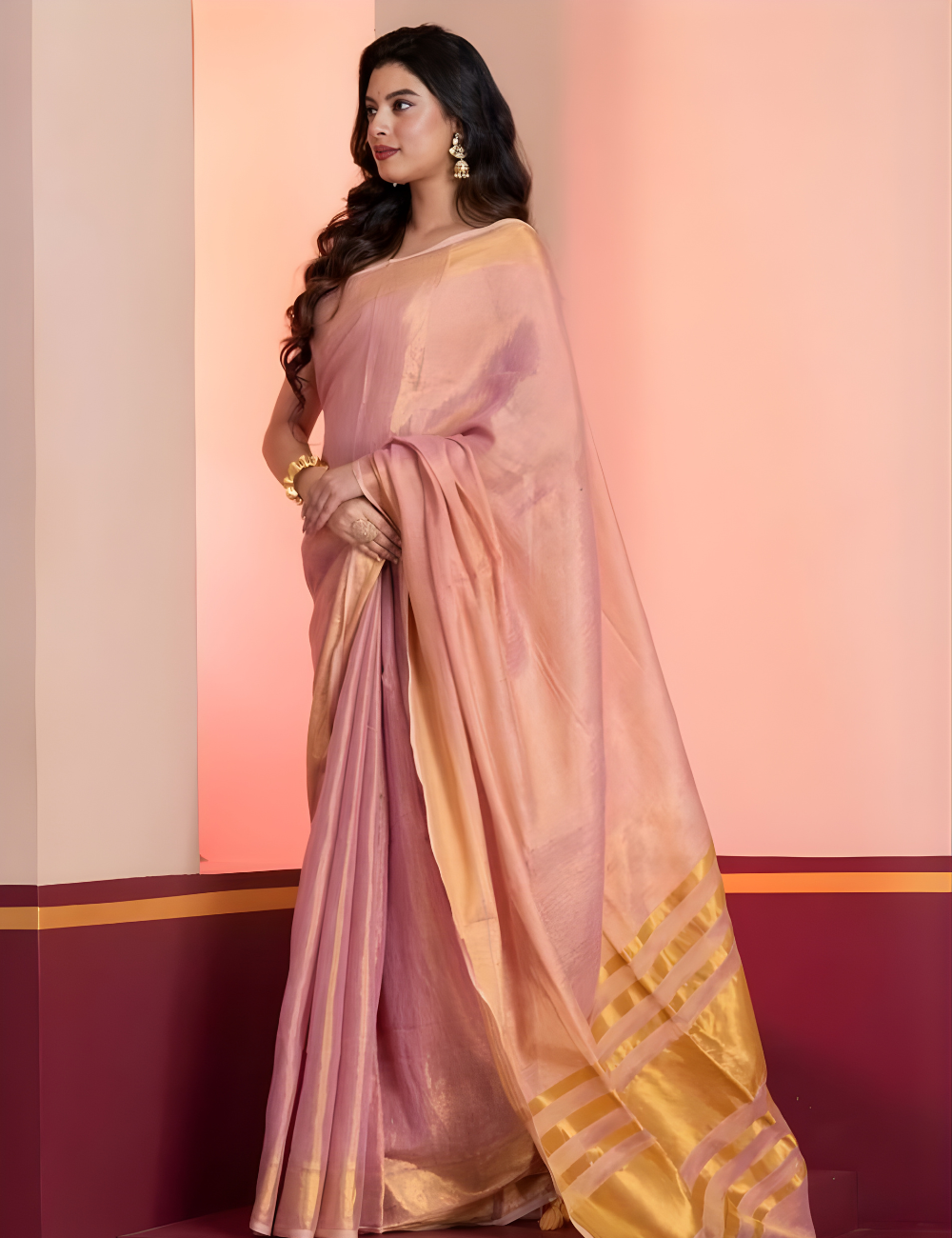 Linen Zari Tissue Saree – Baby Pink