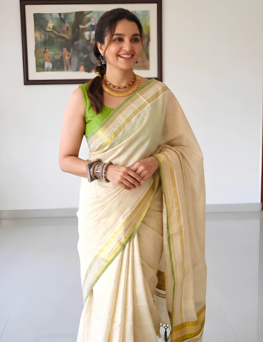 Traditional Green Tiny Checks Balaramapuram Kasavu Saree For Women