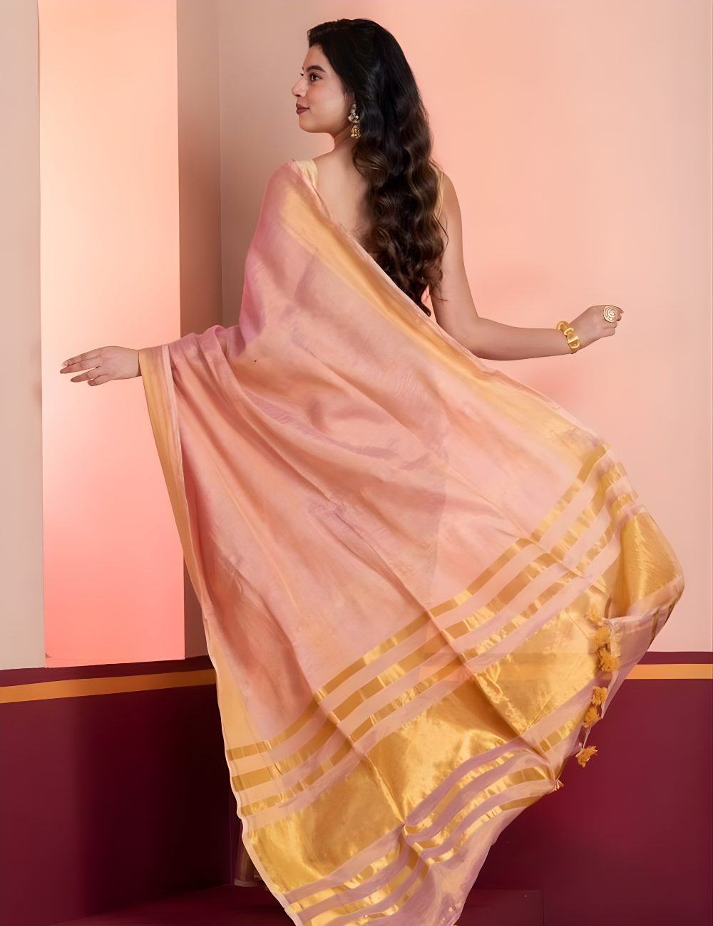 Linen Zari Tissue Saree – Baby Pink