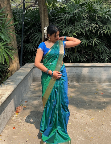 Peacock Green Kanchi Soft Silk Saree – Handloom Semi Silk