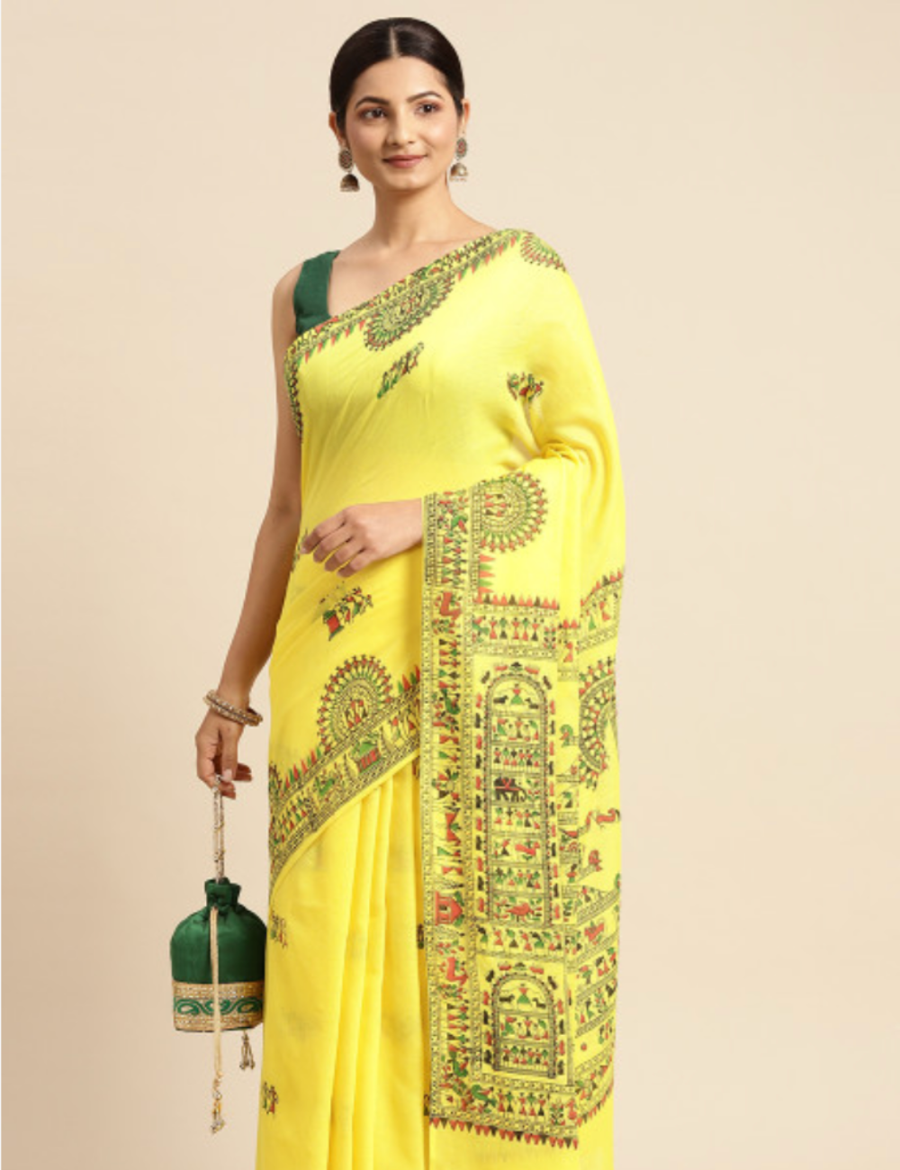 Yellow Warli printed Pure Cotton Saree