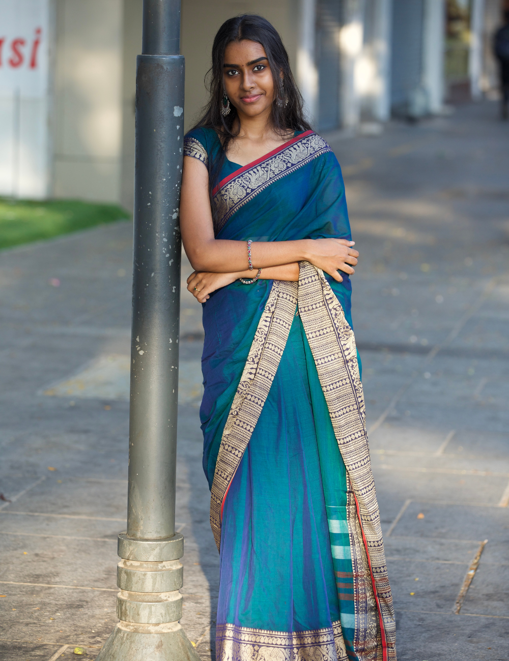 Narayanpet Big border saree – Peacock Blue
