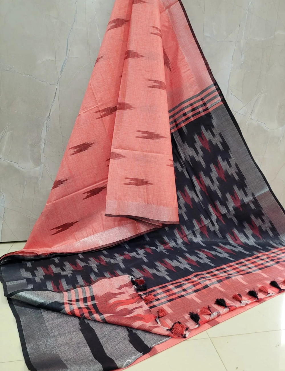 Peach - Black Ikkat Linen Cotton Saree