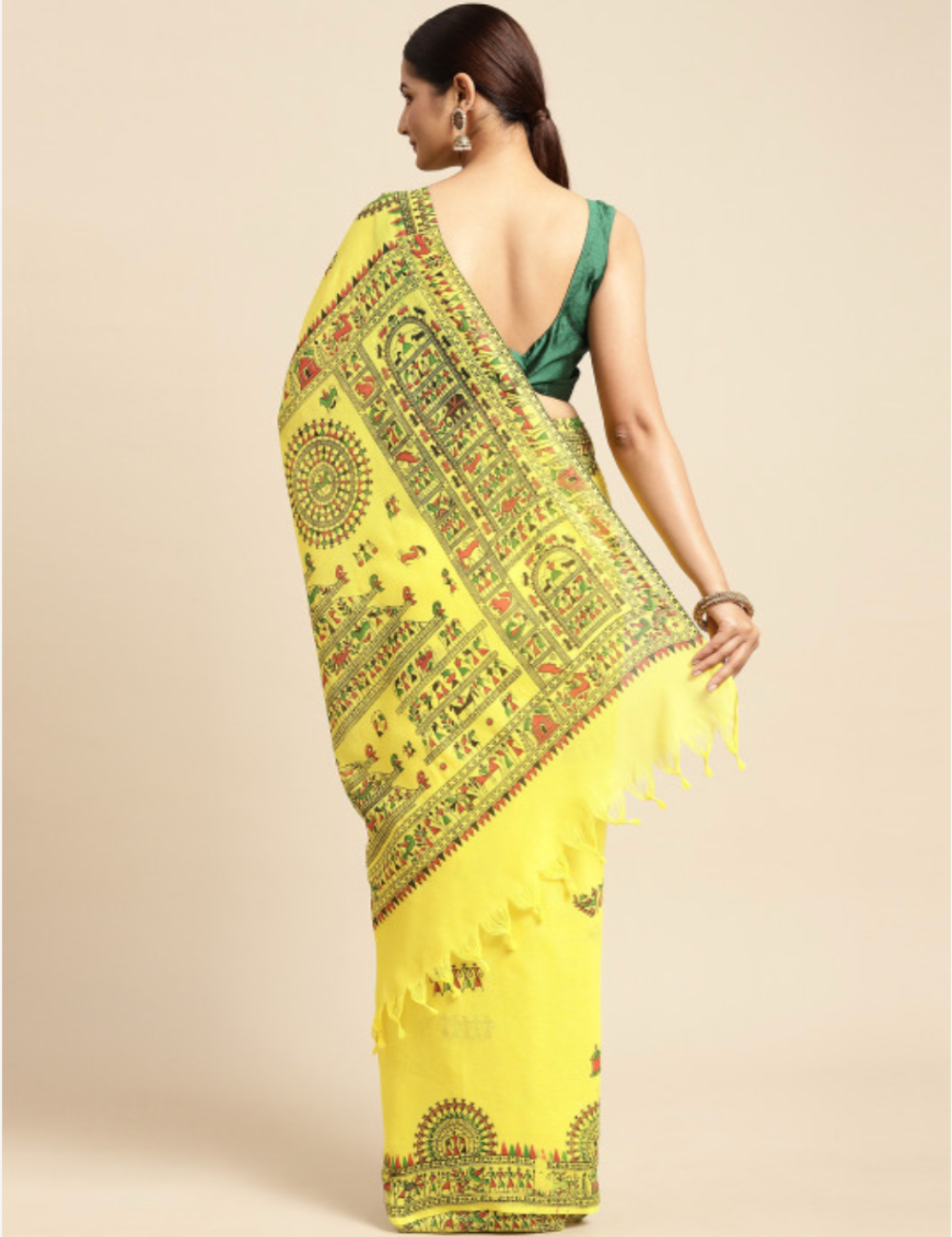 Yellow Warli printed Pure Cotton Saree