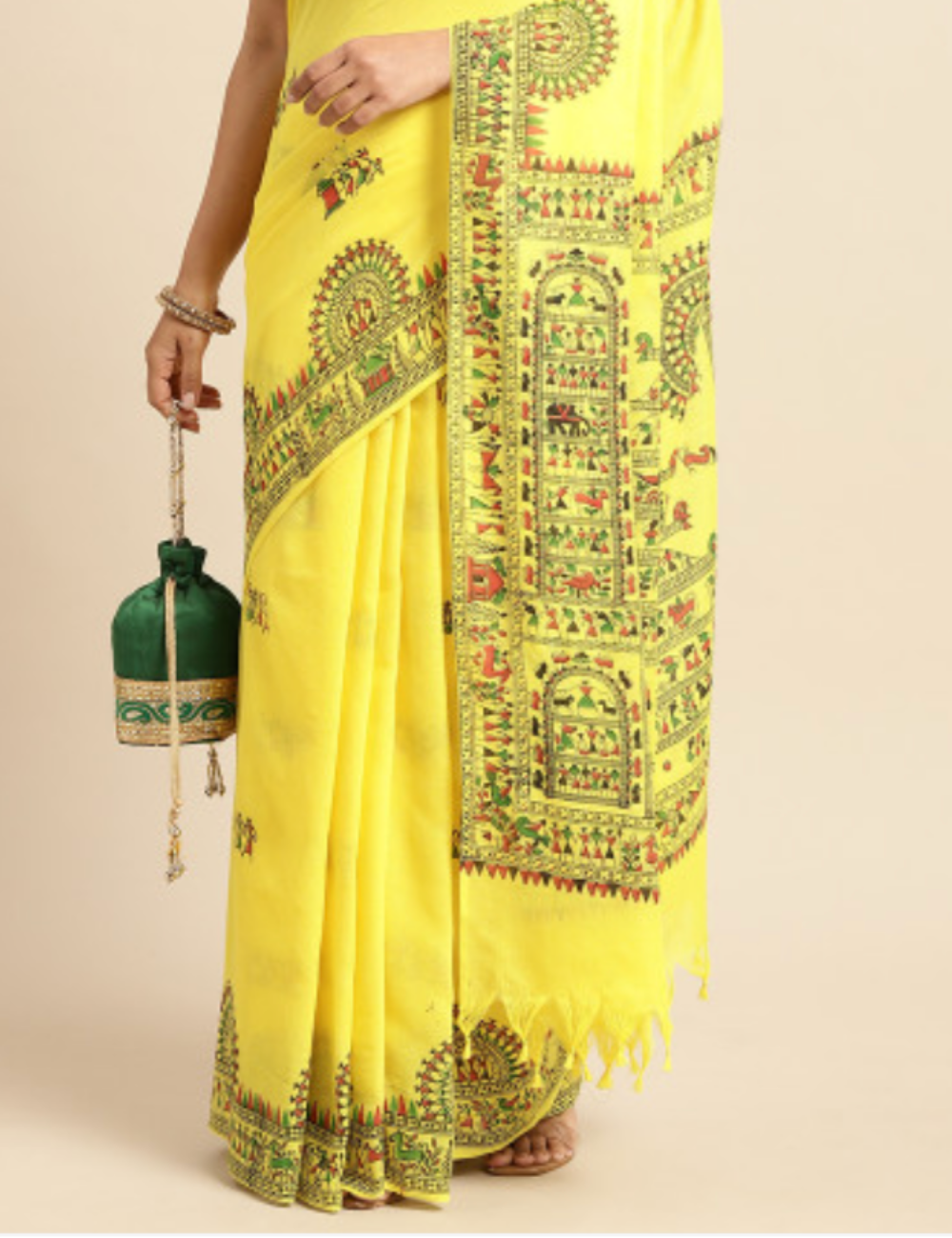 Yellow Warli printed Pure Cotton Saree