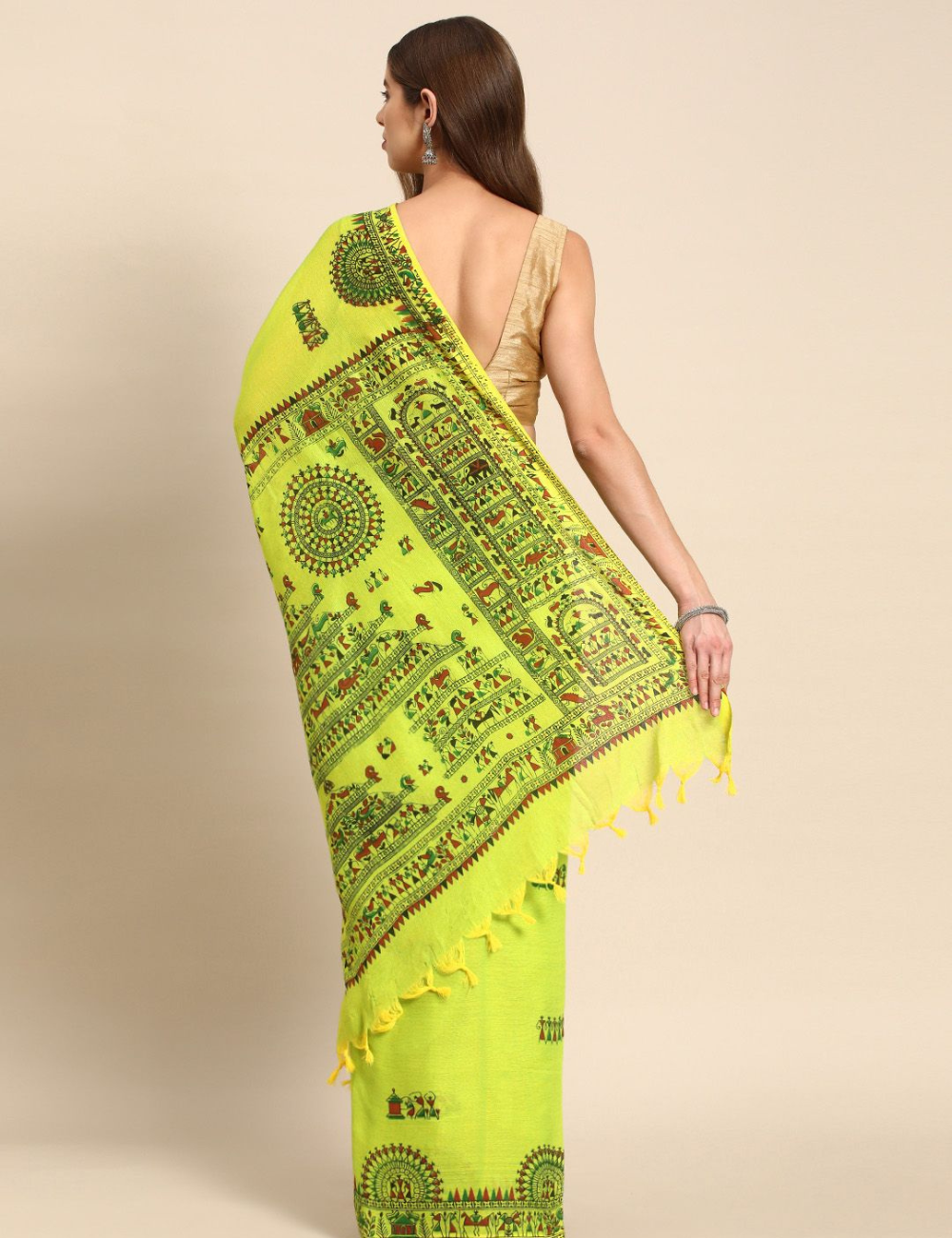 Lime Green warli printed Pure Cotton Saree