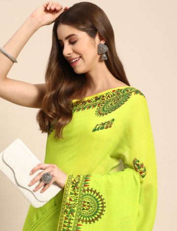 Lime Green warli printed Pure Cotton Saree