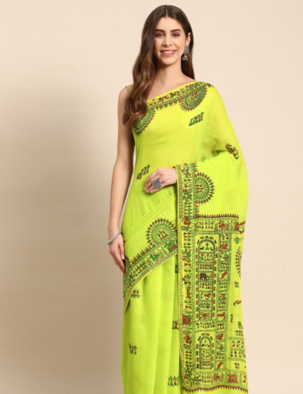 Lime Green warli printed Pure Cotton Saree
