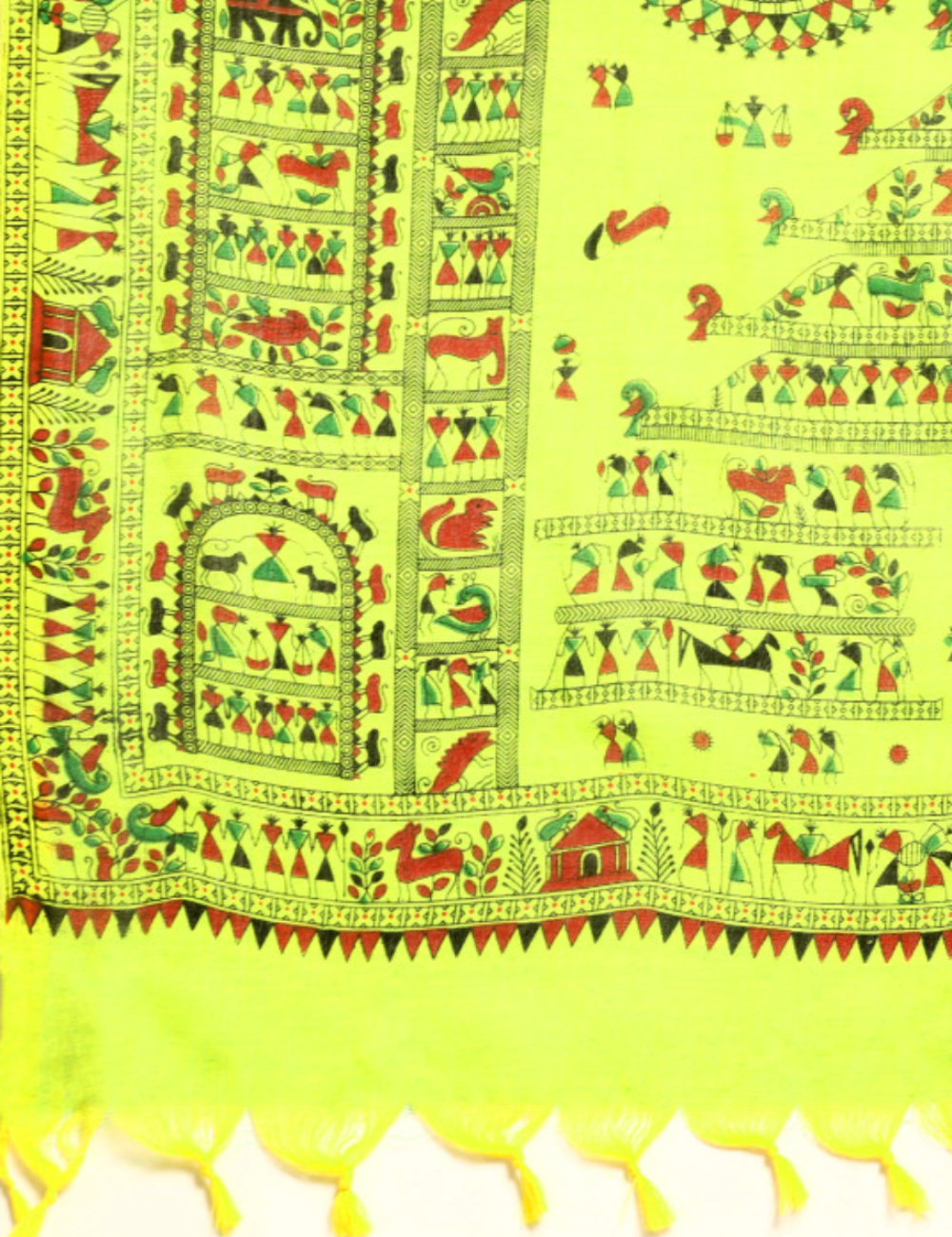 Lime Green warli printed Pure Cotton Saree