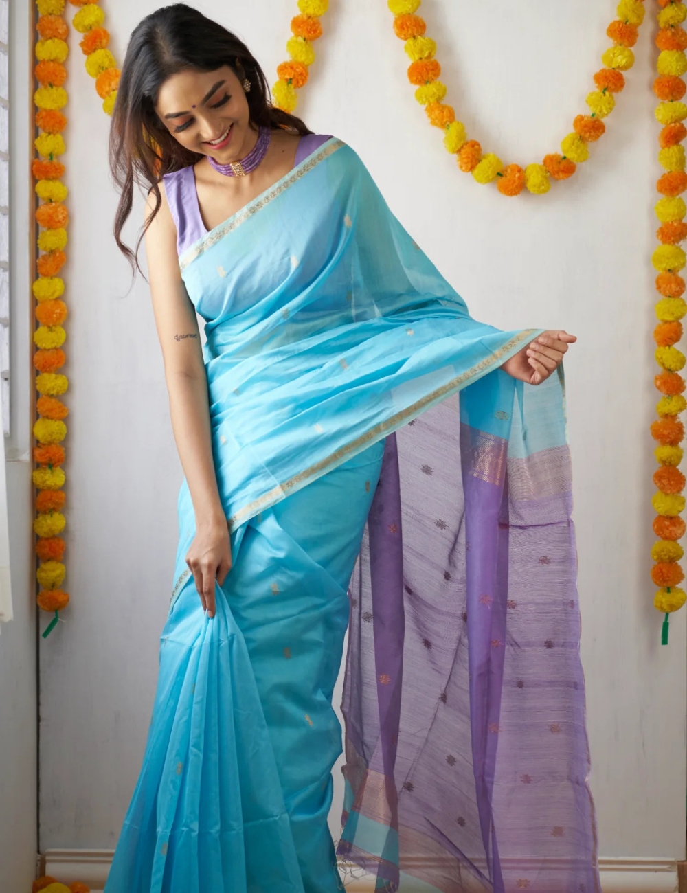 Sky Blue and Lavender - Silk cotton saree
