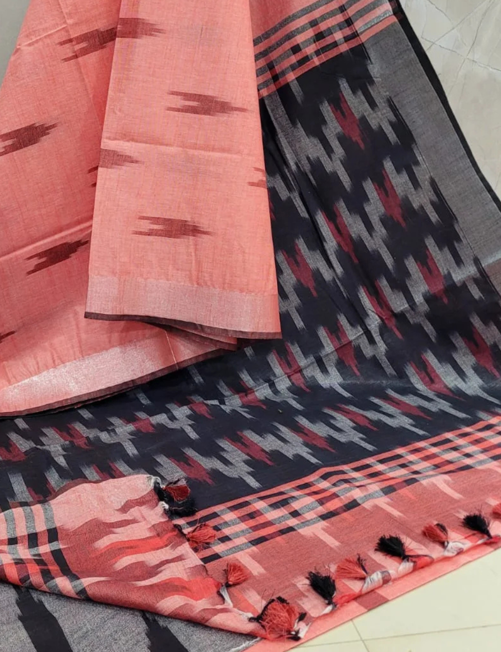 Peach - Black Ikkat Linen Cotton Saree