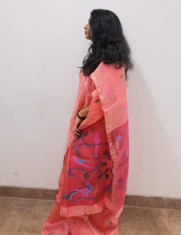 Peach Linen Silk Saree with Silk Mark