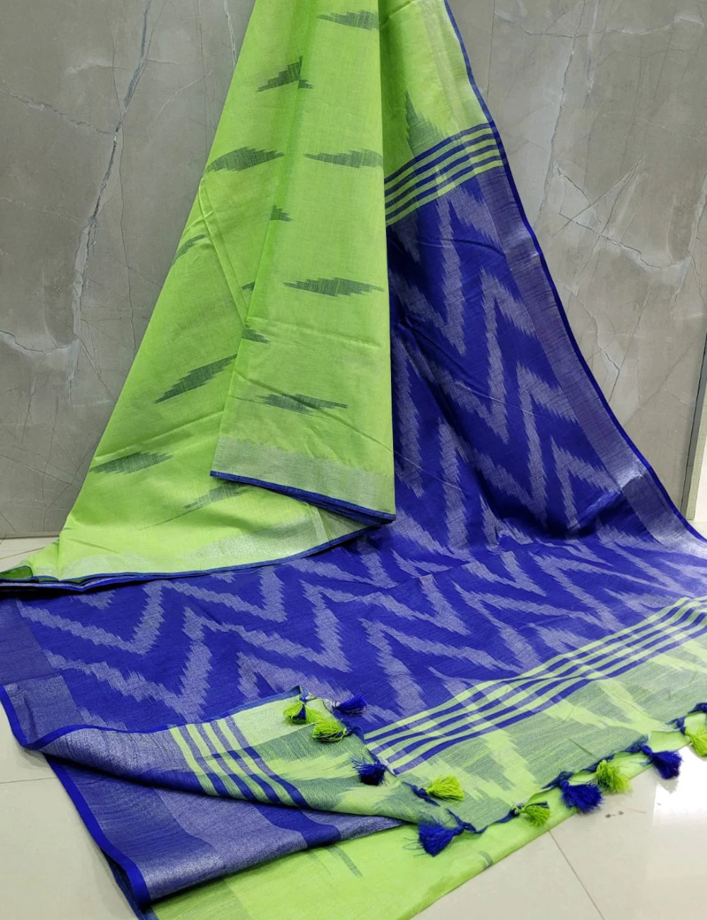 Parrot Green - Blue Ikkat Linen Cotton Saree