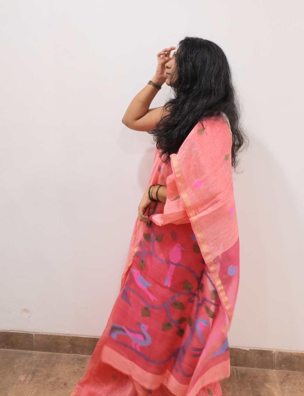 Peach Linen Silk Saree with Silk Mark