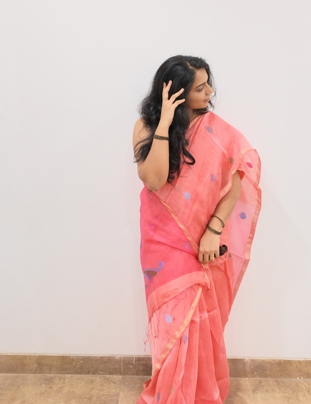 Peach Linen Silk Saree with Silk Mark