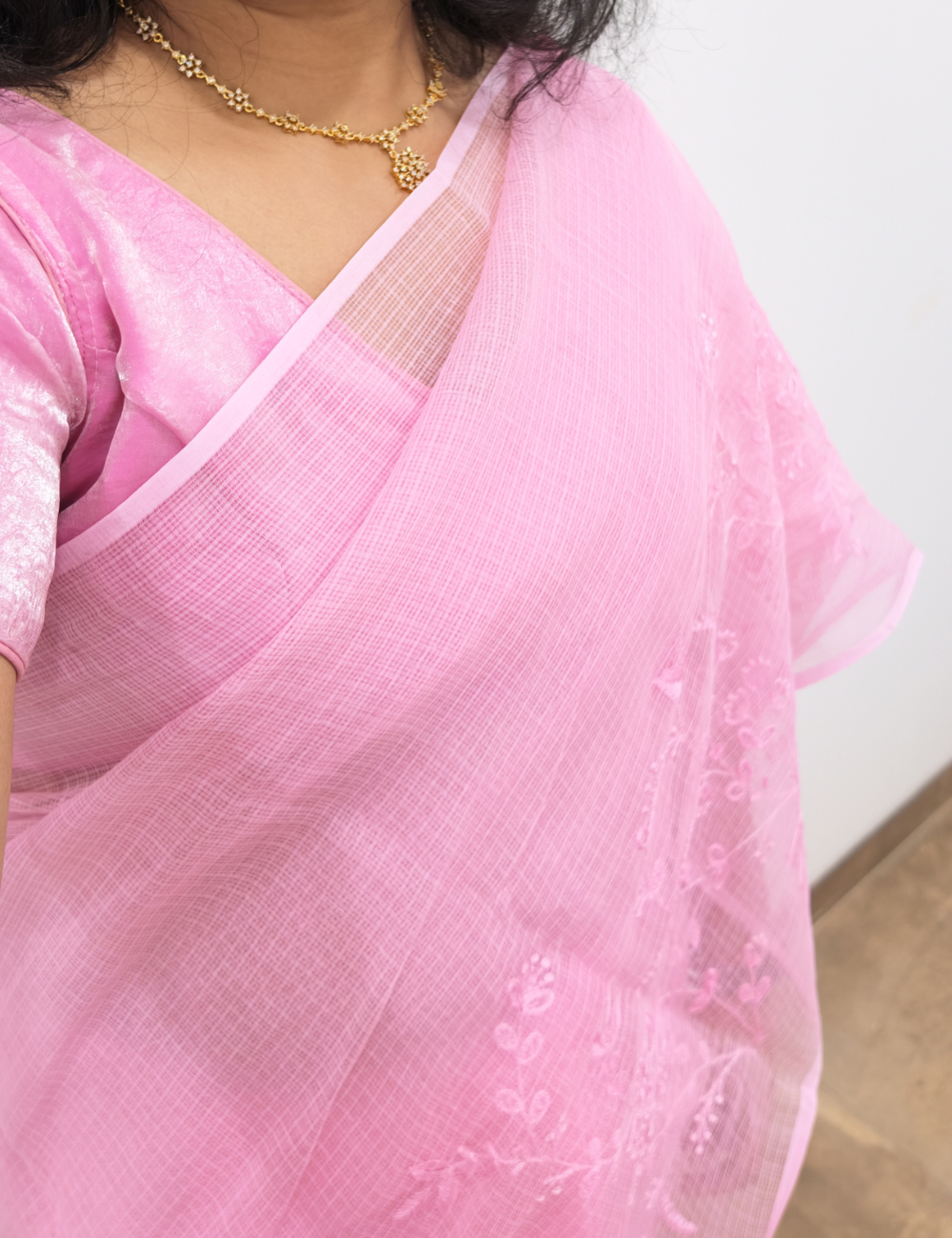 Baby Pink | Embroidered Kota Doria Saree