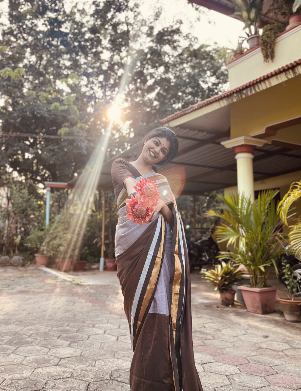 Chocolate Brown Dual coloured Mulmul Saree