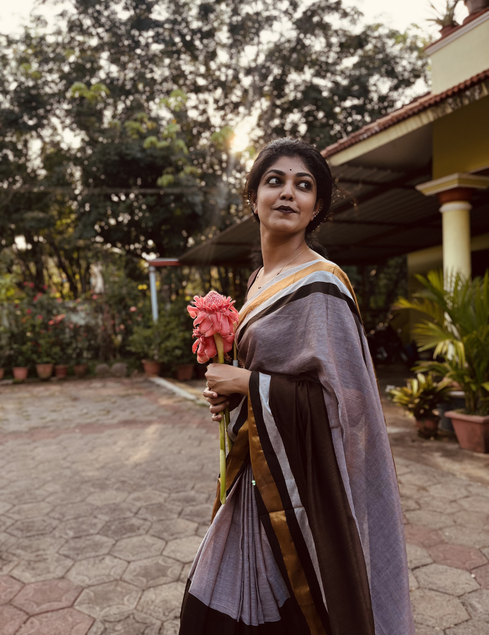 Chocolate Brown Dual coloured Mulmul Saree