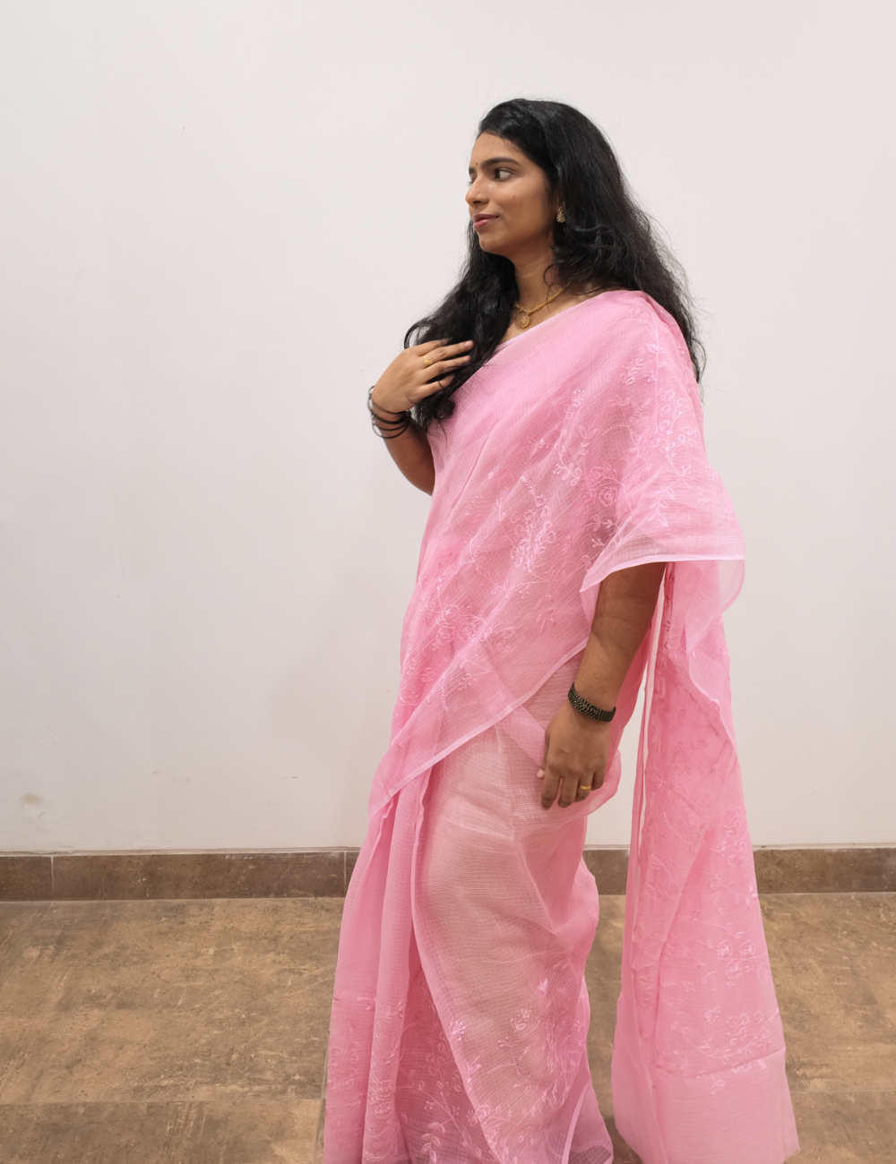 Baby Pink | Embroidered Kota Doria Saree