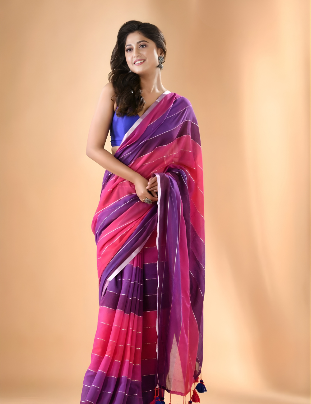 Rainbow Mul Cotton Saree (Purple + Pink)