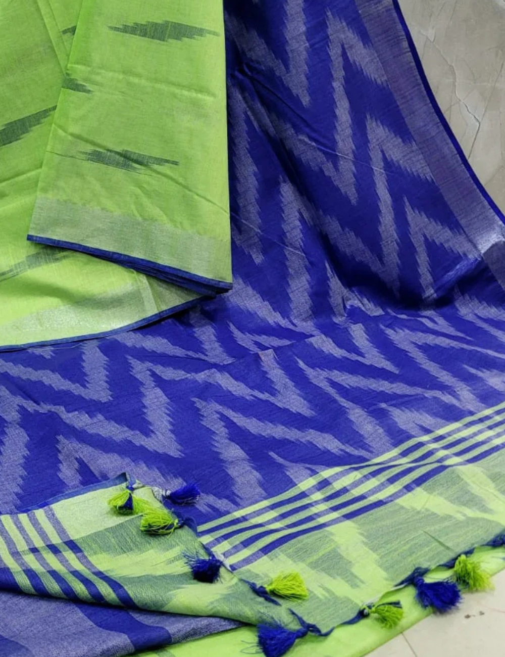 Parrot Green - Blue Ikkat Linen Cotton Saree