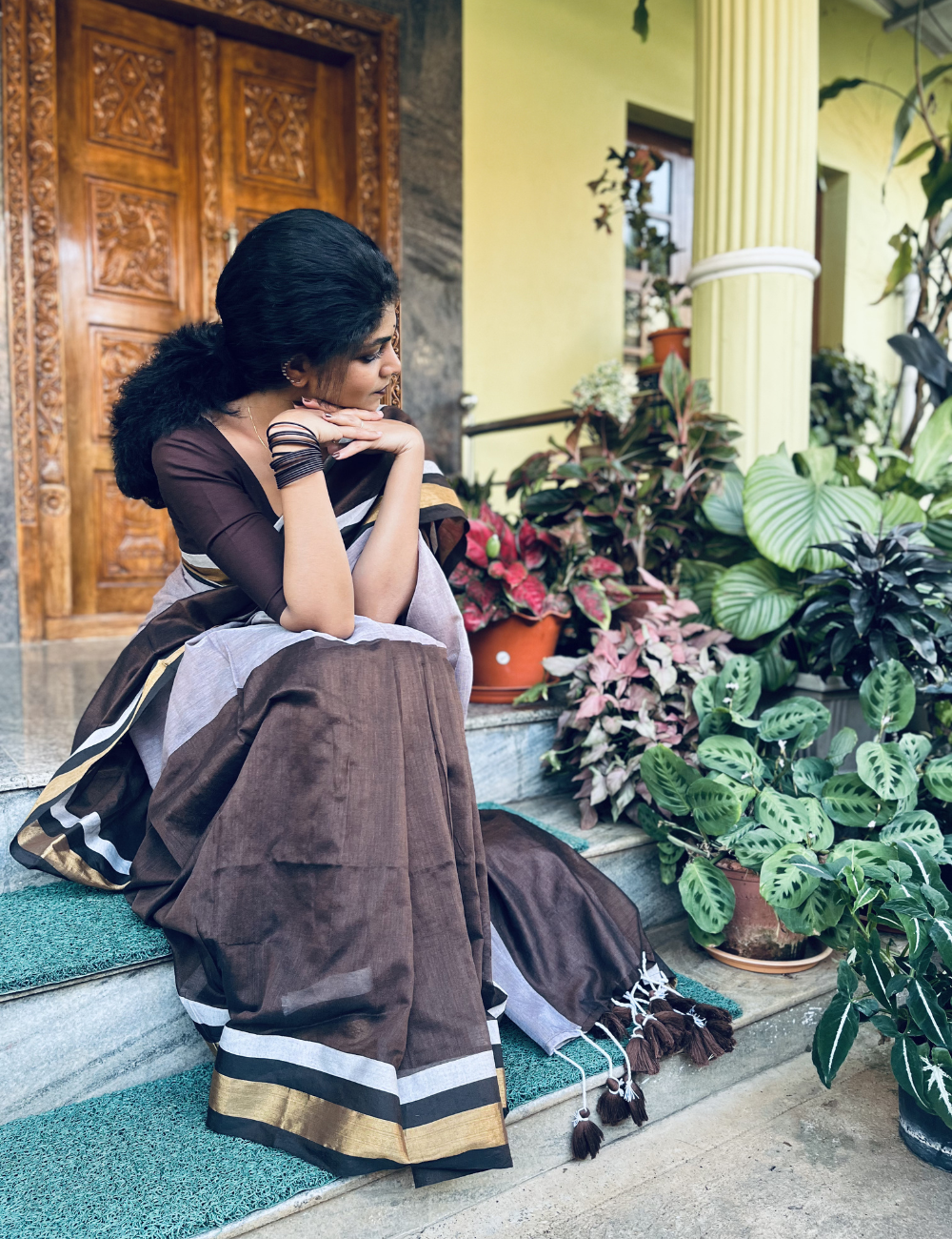 Chocolate Brown Dual coloured Mulmul Saree