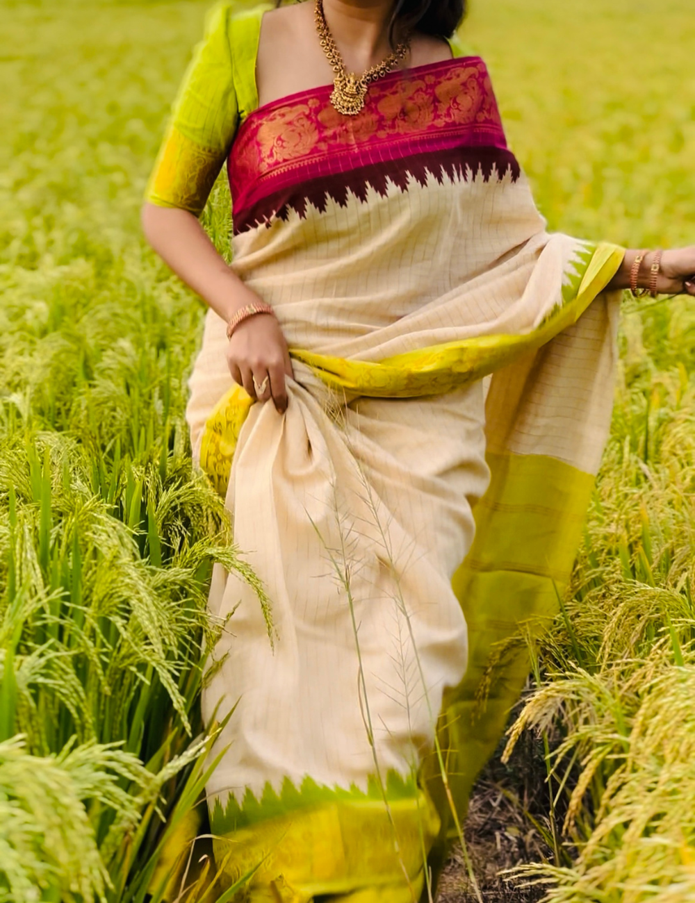 Lime Green & Rani Pink - Sungadi Cotton Saree