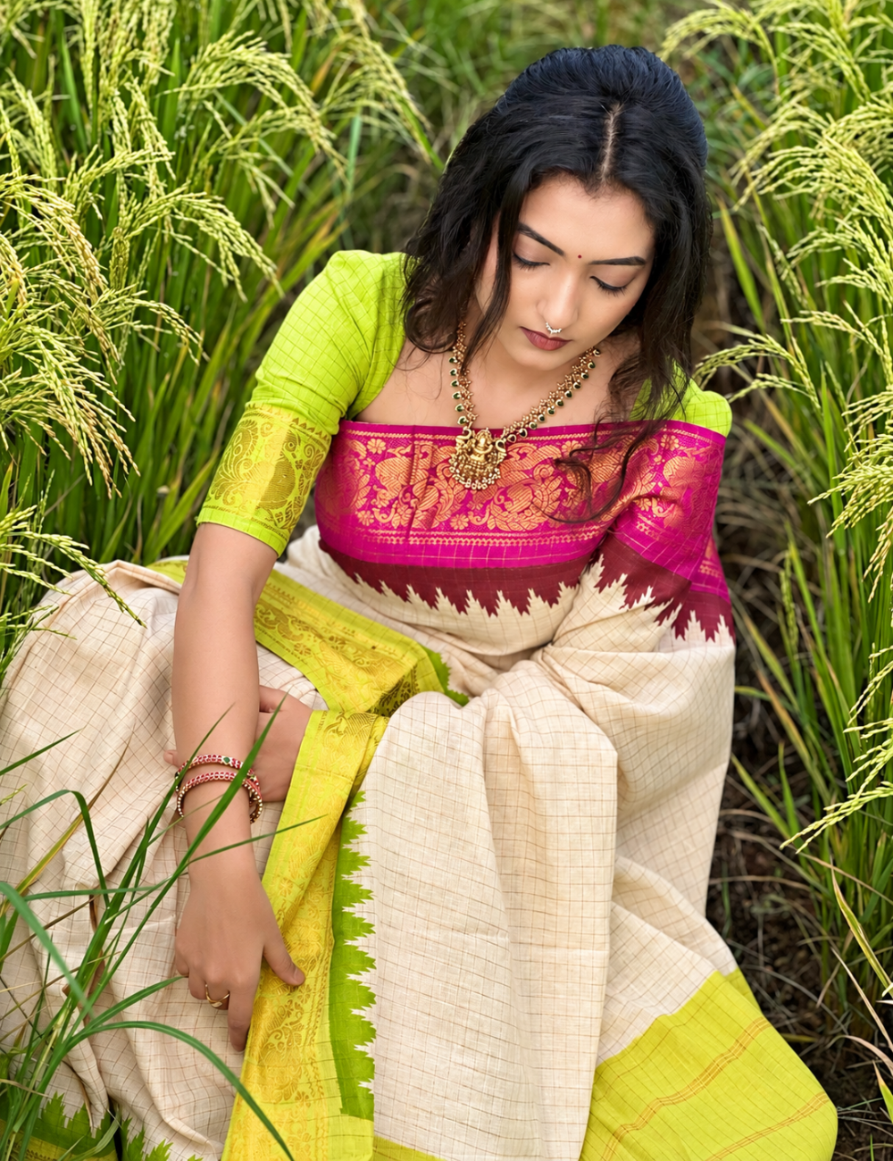 Lime Green & Rani Pink - Sungadi Cotton Saree