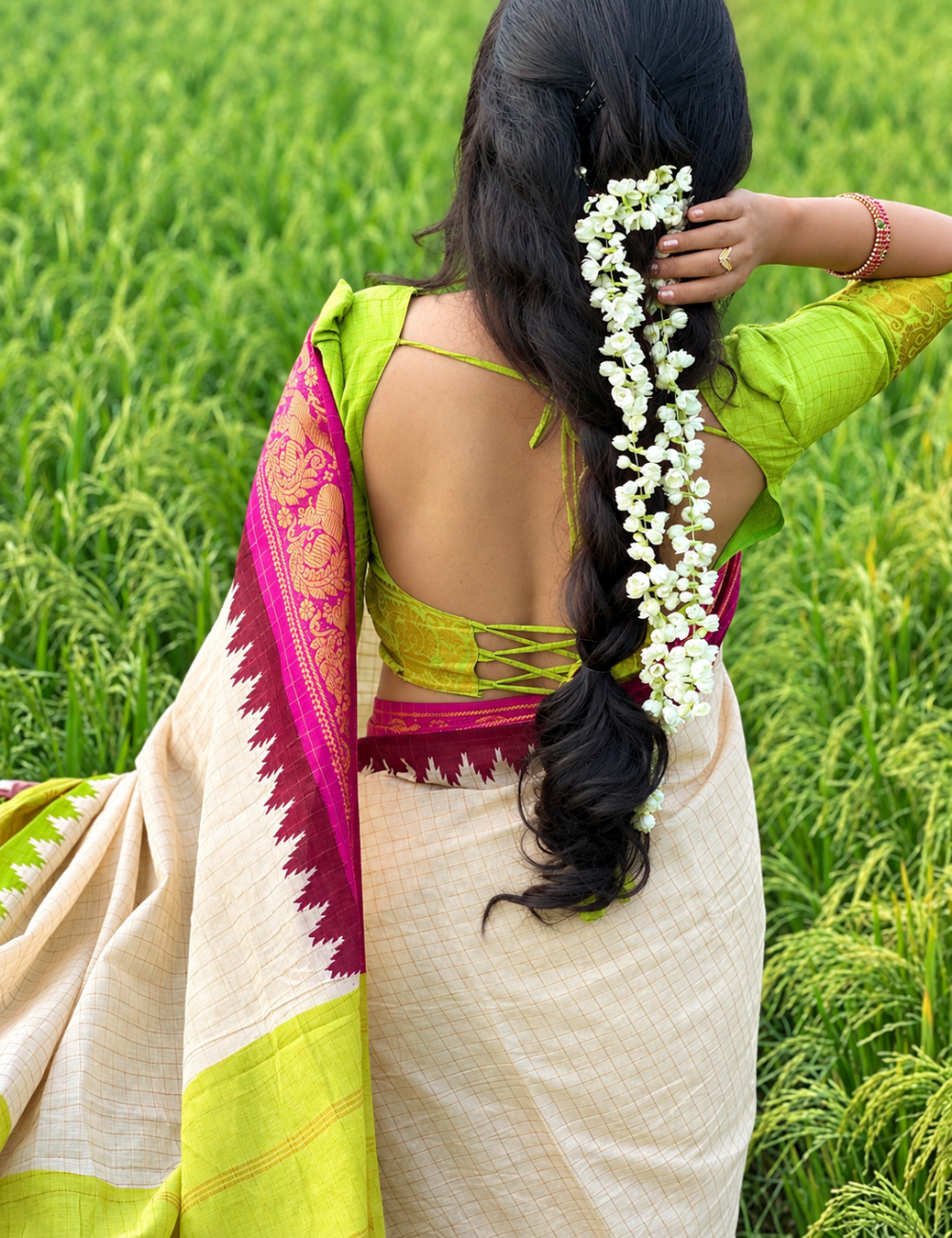 Lime Green & Rani Pink - Sungadi Cotton Saree