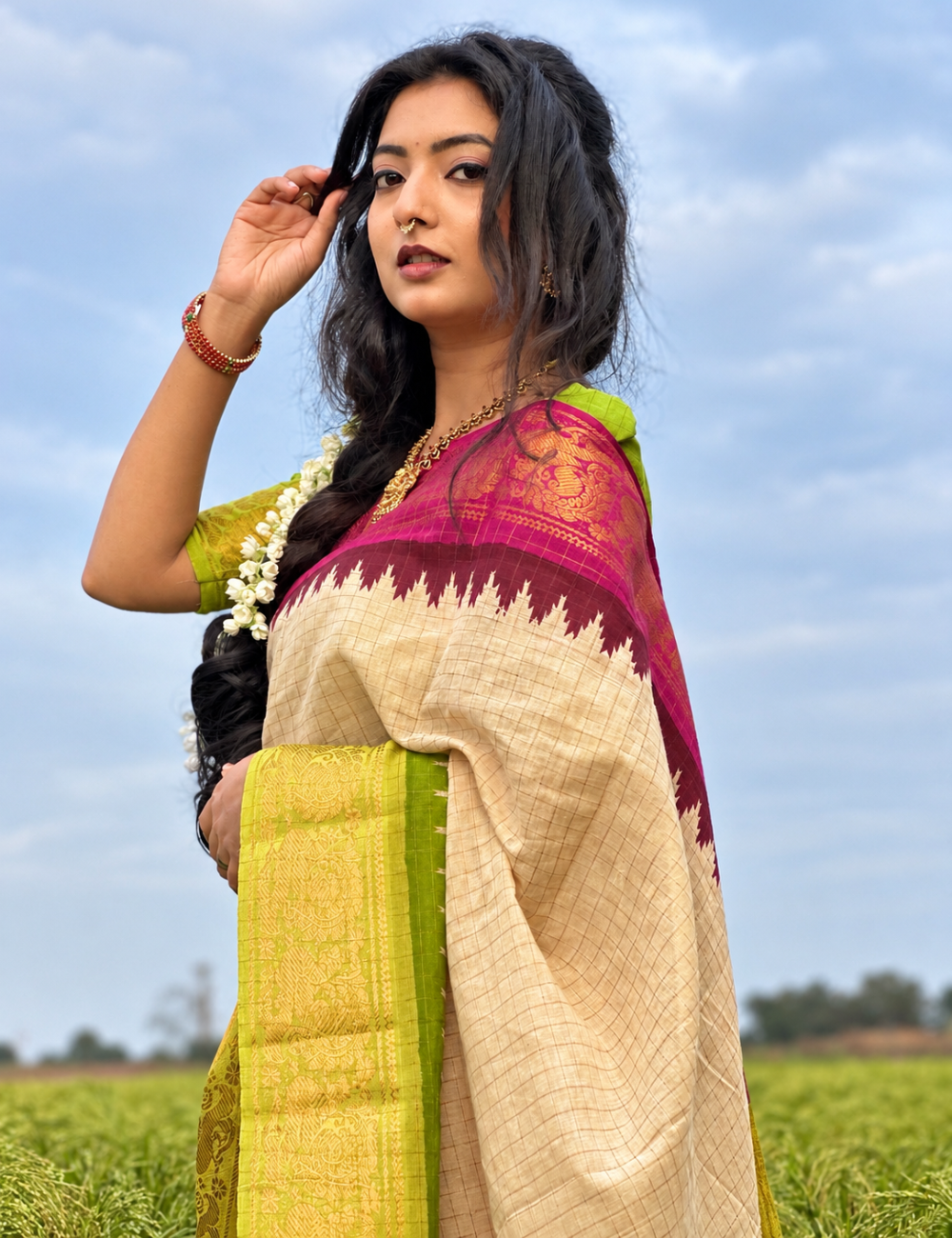 Lime Green & Rani Pink - Sungadi Cotton Saree