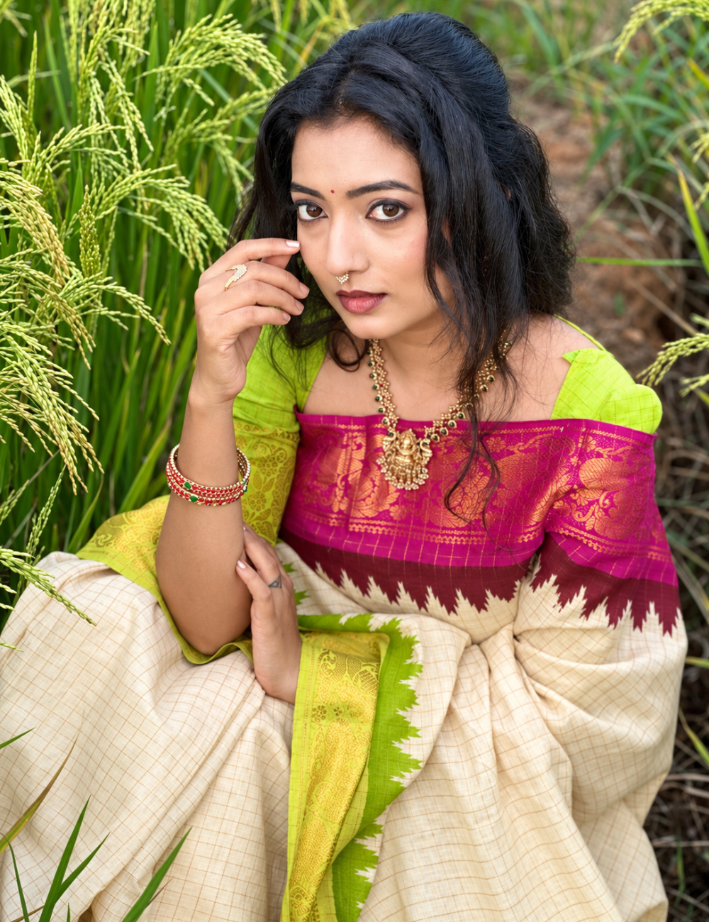 Lime Green & Rani Pink - Sungadi Cotton Saree