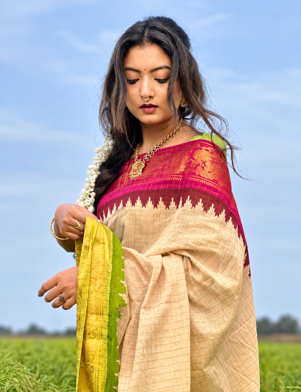 Lime Green & Rani Pink - Sungadi Cotton Saree