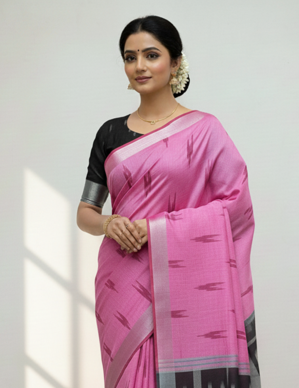 Pinkish Purple - Black Ikkat Linen Cotton Saree