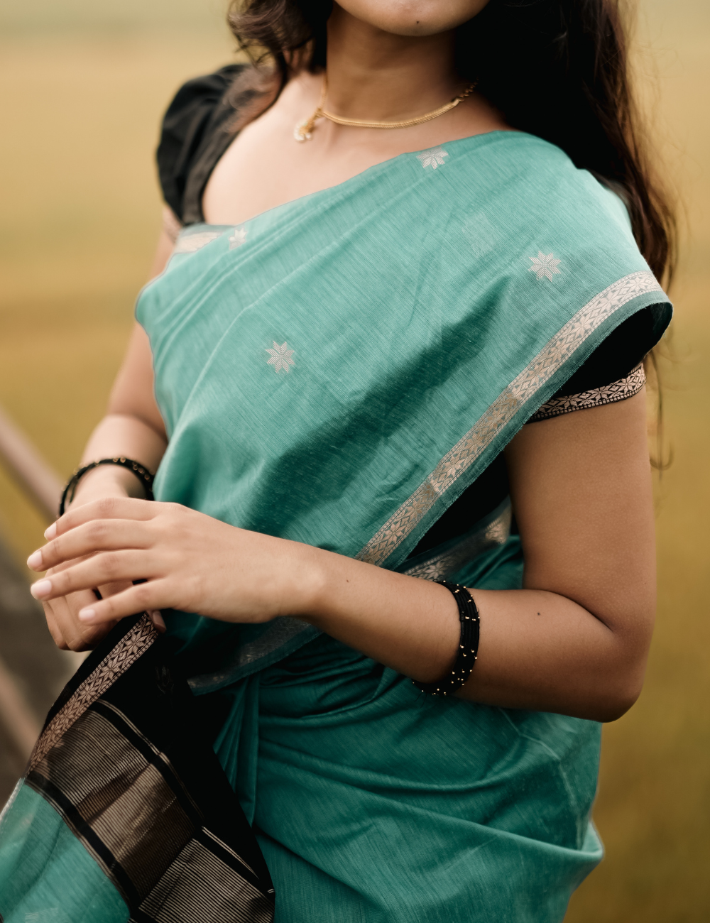 Teal and black - Silk cotton saree