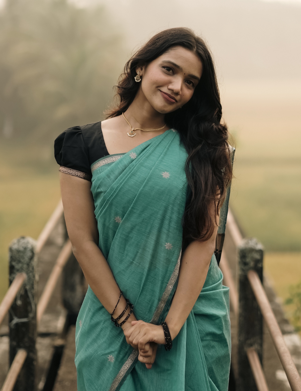 Teal and black - Silk cotton saree