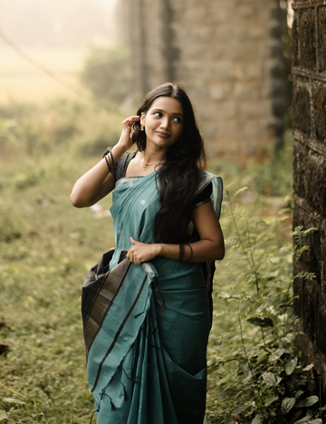 Teal and black - Silk cotton saree