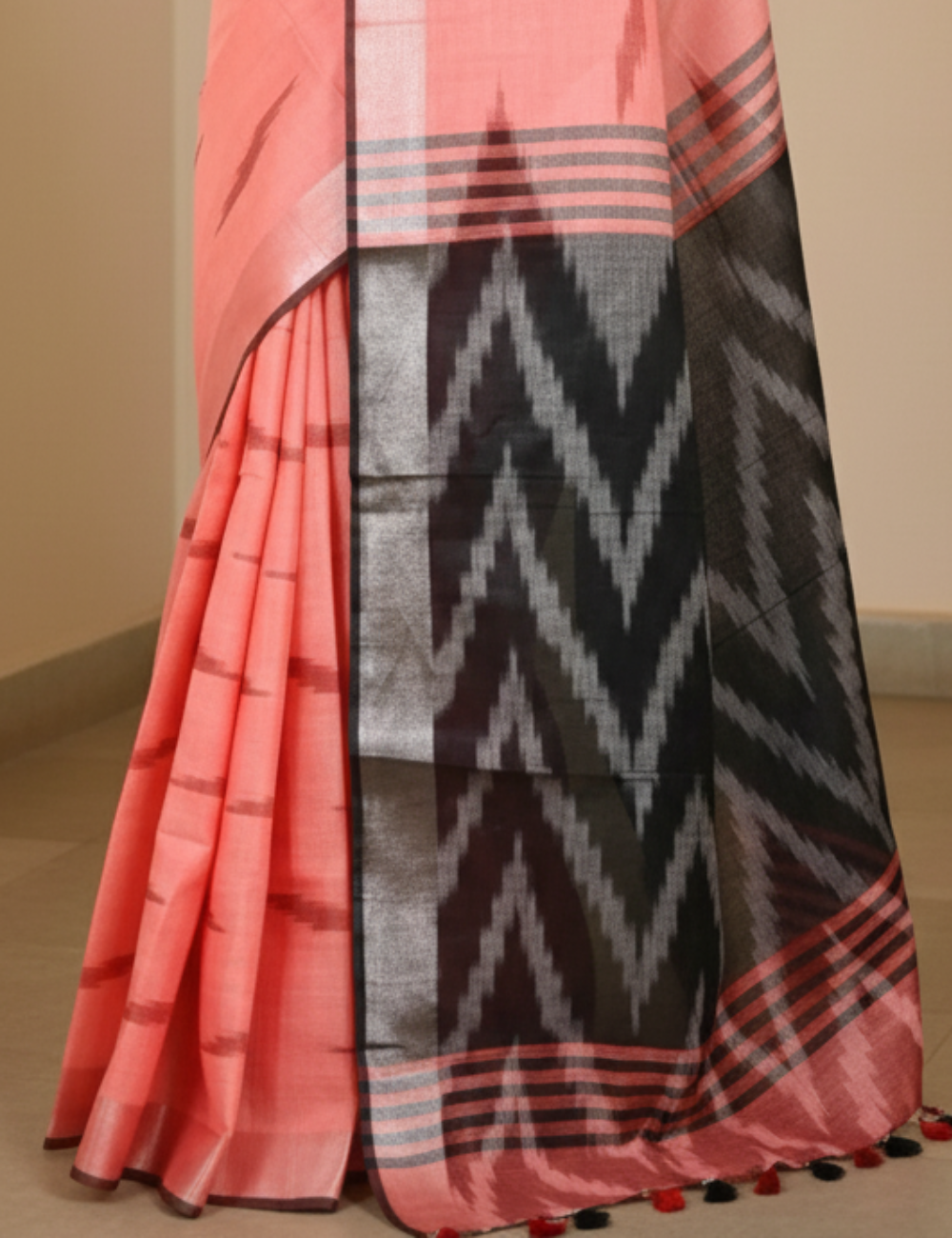Peach - Black Ikkat Linen Cotton Saree
