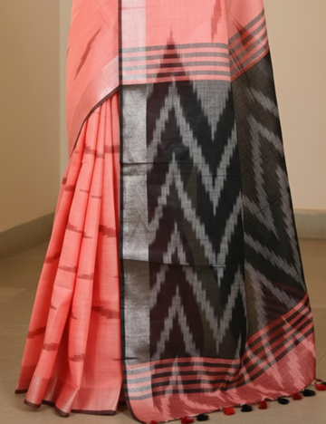 Peach - Black Ikkat Linen Cotton Saree
