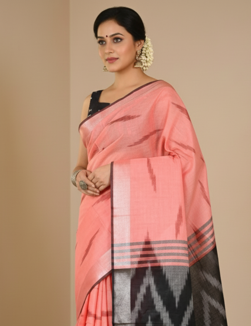Peach - Black Ikkat Linen Cotton Saree