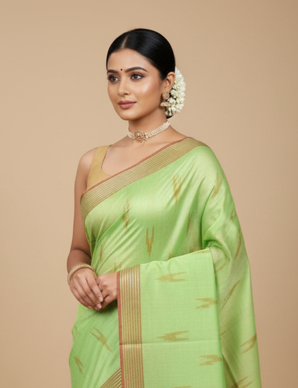 Parrot Green - Red Ikkat Linen Cotton Saree