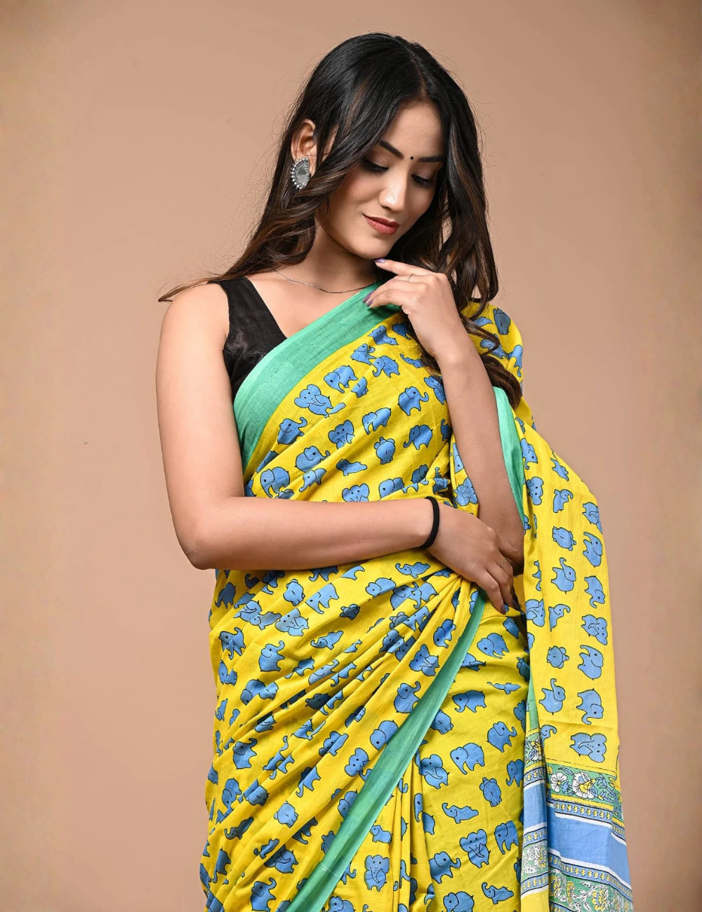 Quirky yellow Handblock Elephant Mul Cotton Saree