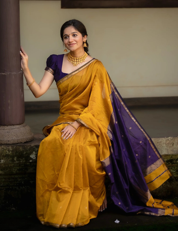 Yellow with Violet - Silk cotton saree