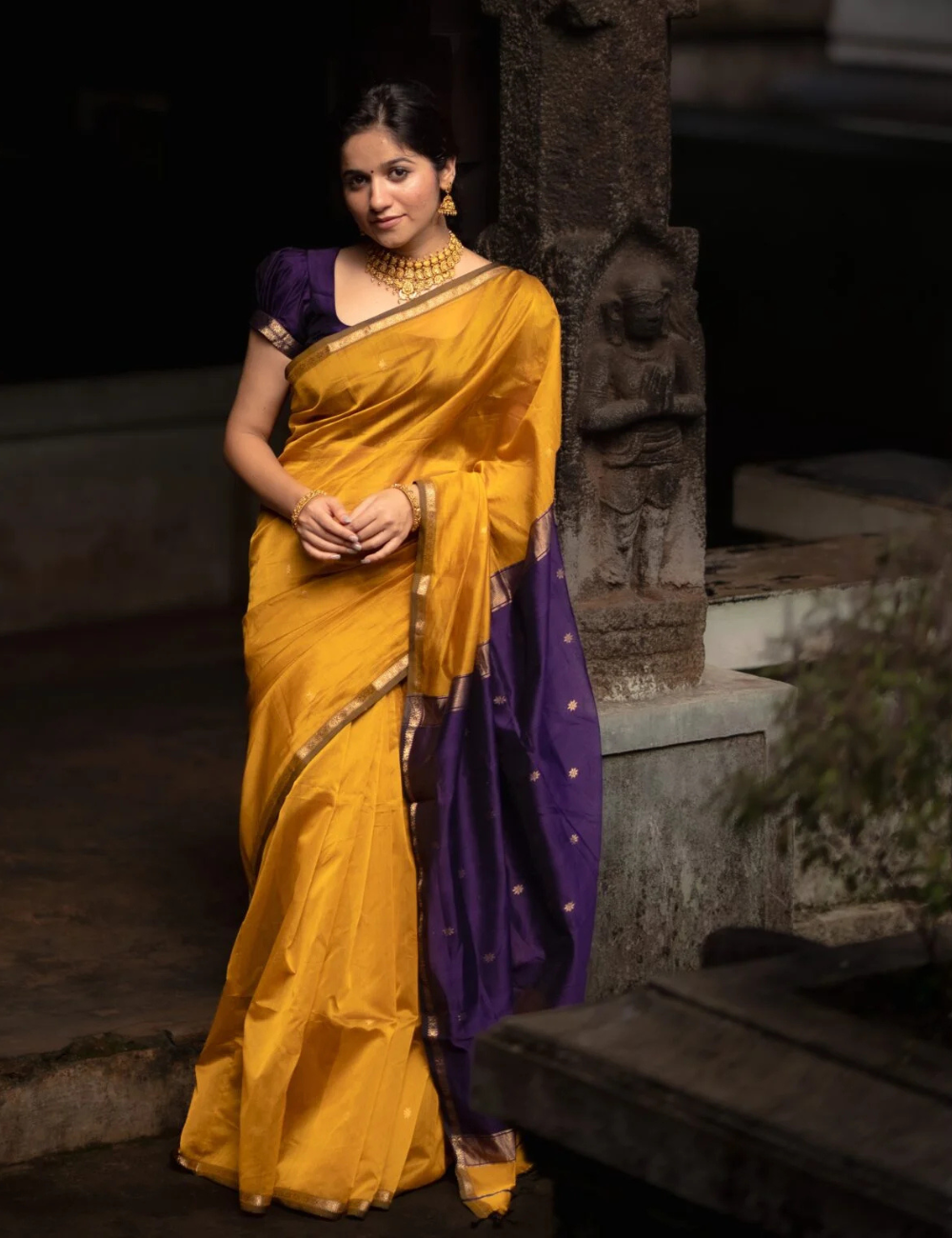 Yellow with Violet - Silk cotton saree