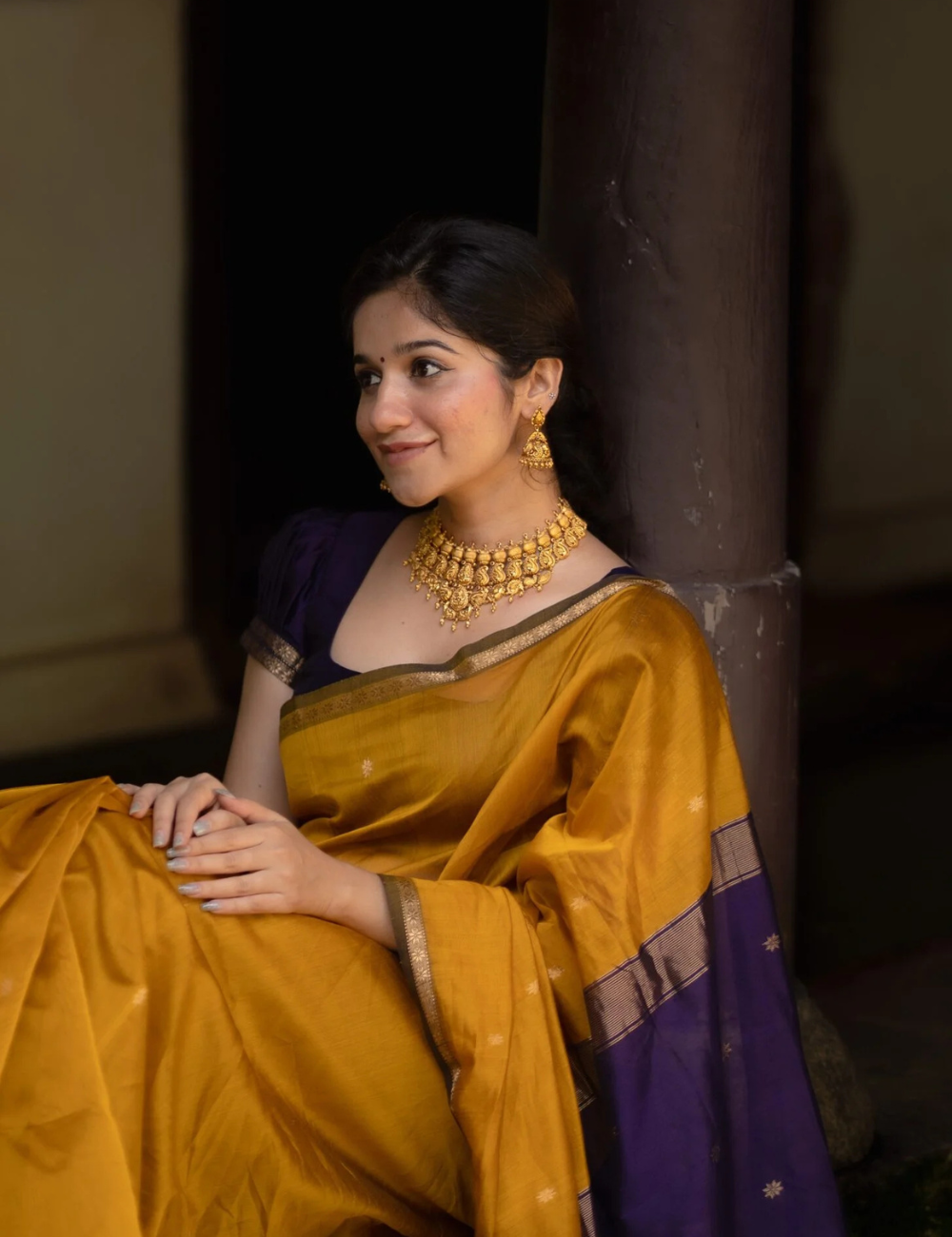 Yellow with Violet - Silk cotton saree